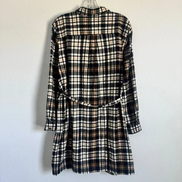 Loft Plaid Long Sleeve Button Down Tie Waist Flannel Shirtdress Women's Size L - Picture 2 of 8